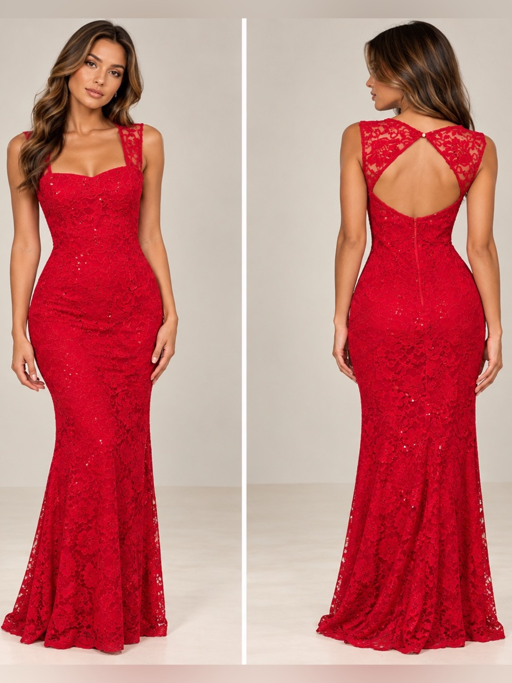 Vintage La Scala Red Sequin Lace Open Keyhole Back Mermaid Prom Gown Size Small